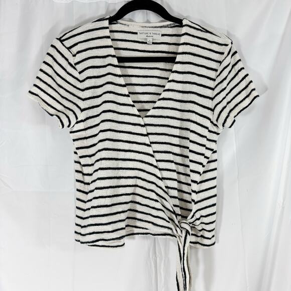 Madewell Texture & Thread Black White Striped Short Sleeve Wrap Shirt Small - Picture 2 of 4